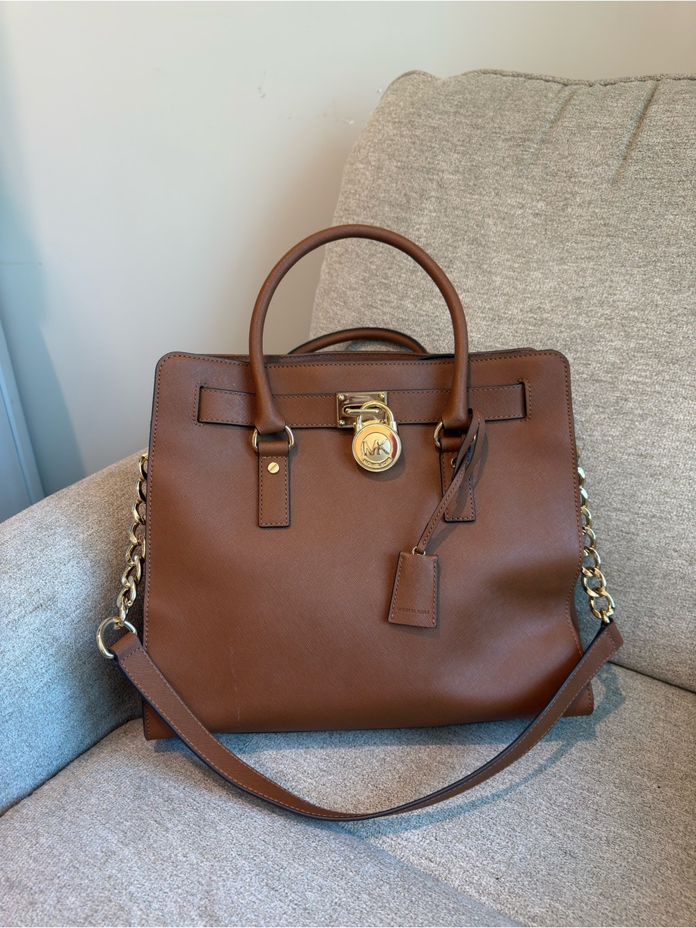 Michael Kors Chestnut Leather Satchel with Gold-Tone Lock